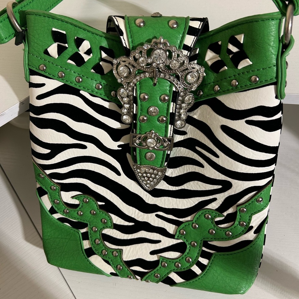 Rhinestone Buckle Green Zebra Cross Body